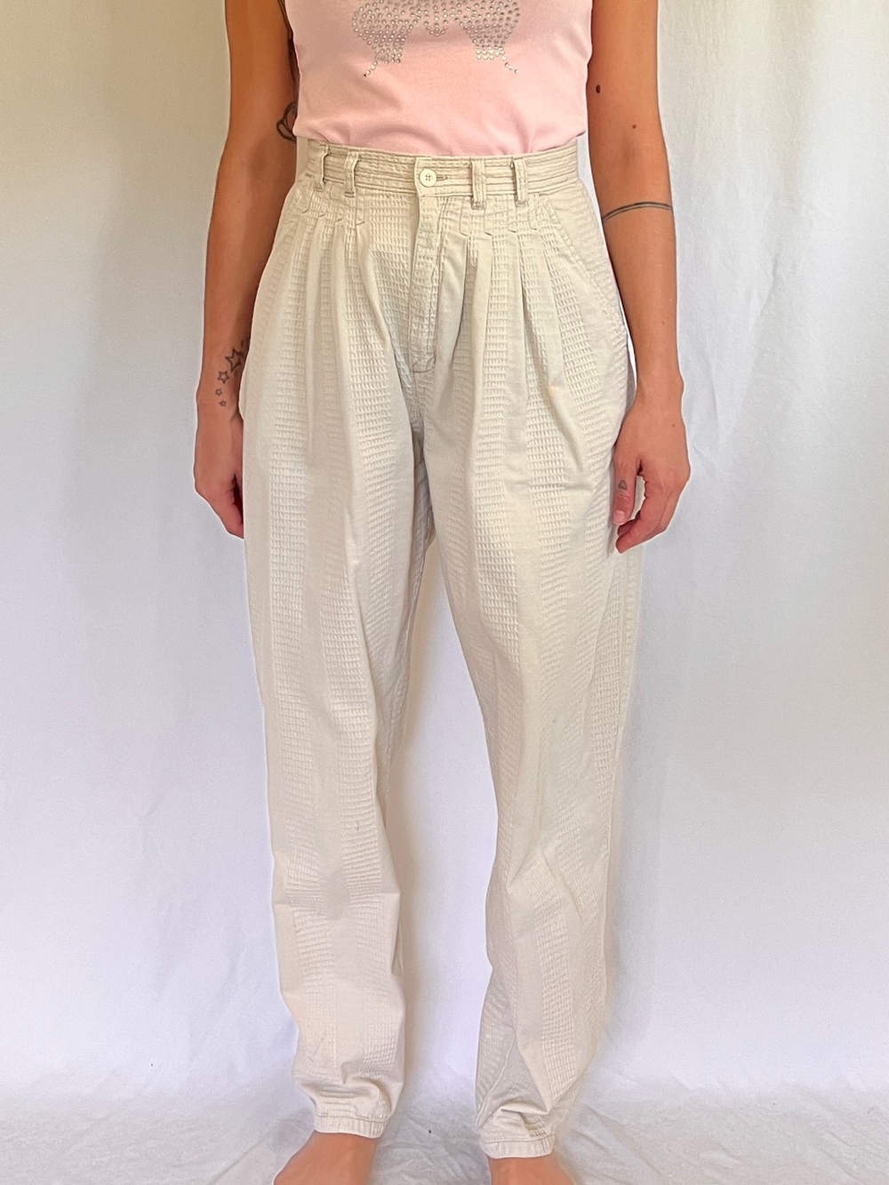 Triangle Vintage Cream High-Waist Textured Pleat Trousers